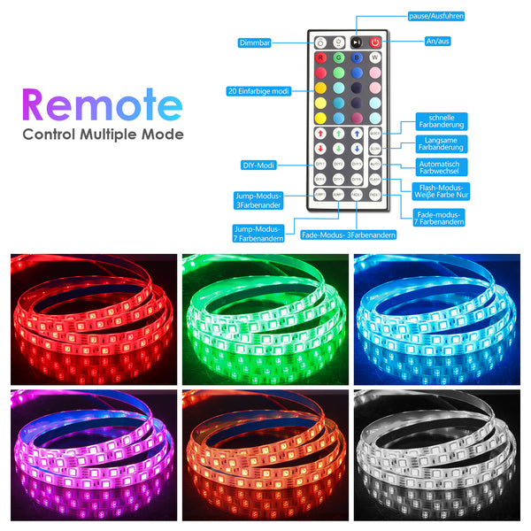 Hengda LED Strip 2m - 10m LED Licht 5050 RGB wasserdichter Lichterkette Dimmbar LED Streifen 24/44 TASTEN für Party Haus selbstklebendes Klebeband