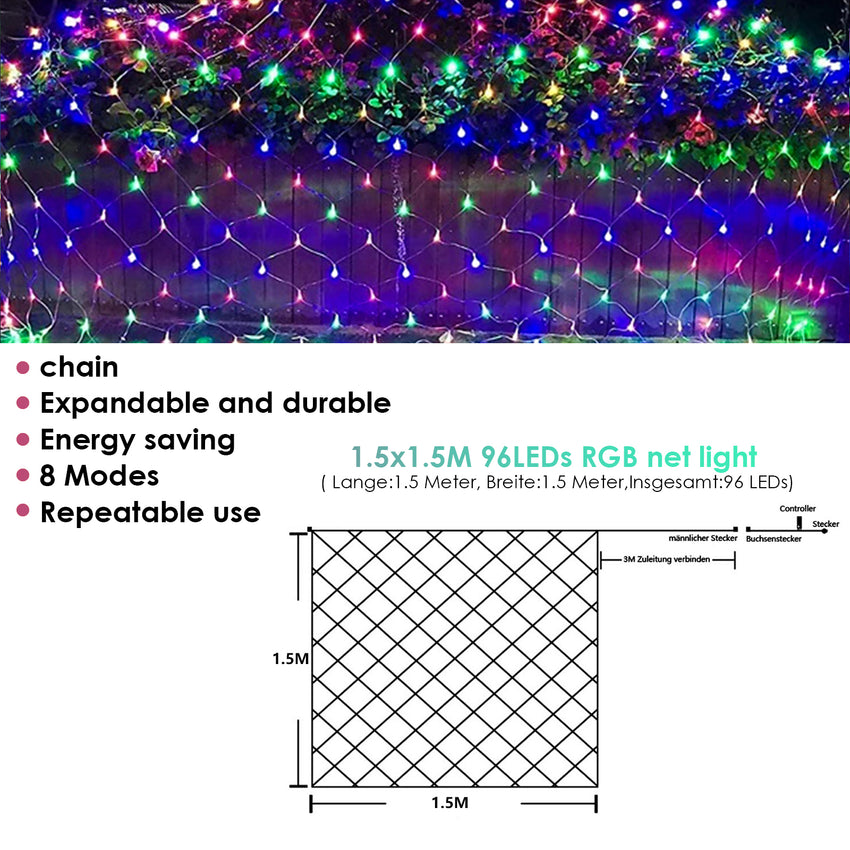 Hengda LED Lichternetz Lichtervorhang Lichterkette Außenlichterkette Strip 8 Modi